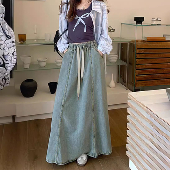 Γυναικεία φούστα τζιν με λάστιχο στη μέση, ανοιχτό μπλε, σε γραμμή Α, μεσαίου μήκους, μεγάλο τελείωμα, σε ασιατικό μέγεθος, για διασυνοριακές εξαγωγές