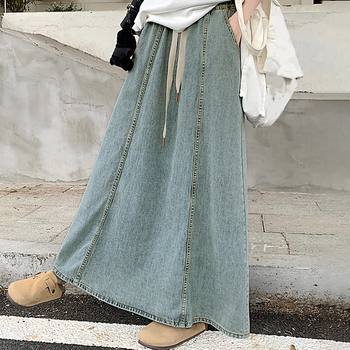 Γυναικεία φούστα τζιν με λάστιχο στη μέση, ανοιχτό μπλε, σε γραμμή Α, μεσαίου μήκους, μεγάλο τελείωμα, σε ασιατικό μέγεθος, για διασυνοριακές εξαγωγές
