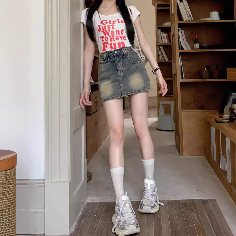 Modrá džínsová sukňa s bokmi, sukňa s nohavicami a vysokým pásom, sexy dievčenský dizajn, áčková sukňa