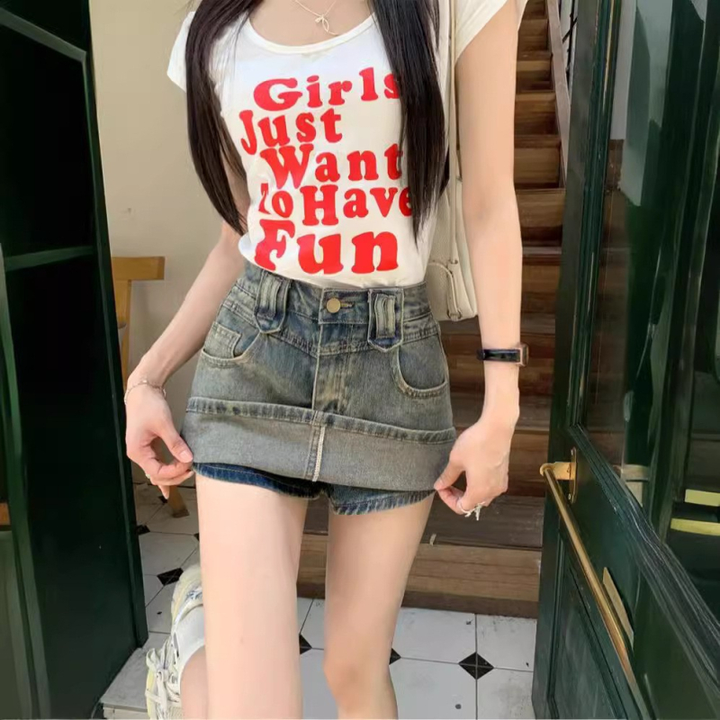 Modrá džínsová sukňa s bokmi, sukňa s nohavicami a vysokým pásom, sexy dievčenský dizajn, áčková sukňa