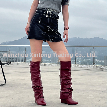 2024 Nové európske a americké zahraničné obchodné špicaté vráskavé čižmy na vysokom podpätku s klinovým podpätkom a dlhým valcom, dámske čižmy, módne čižmy po kolená, dámske topánky