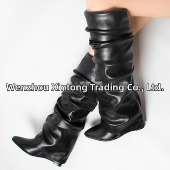 2024 Nové európske a americké zahraničné obchodné špicaté vráskavé čižmy na vysokom podpätku s klinovým podpätkom a dlhým valcom, dámske čižmy, módne čižmy po kolená, dámske topánky