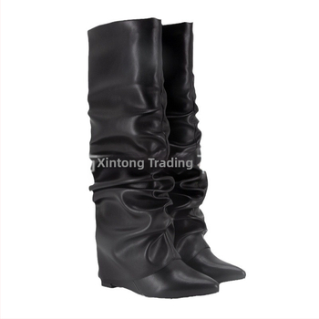 2024 Nové európske a americké zahraničné obchodné špicaté vráskavé čižmy na vysokom podpätku s klinovým podpätkom a dlhým valcom, dámske čižmy, módne čižmy po kolená, dámske topánky
