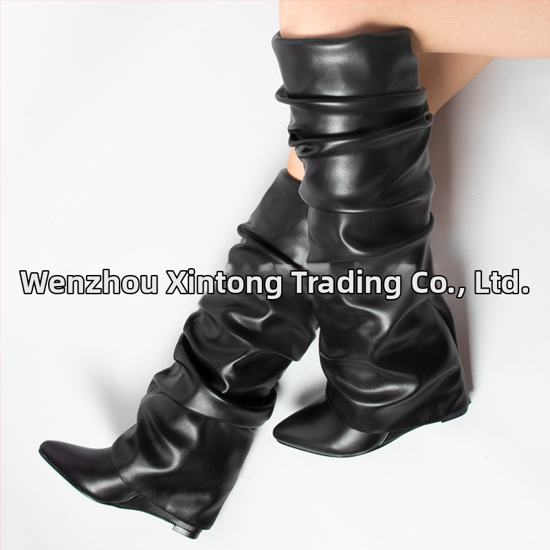 2024 Nové európske a americké zahraničné obchodné špicaté vráskavé čižmy na vysokom podpätku s klinovým podpätkom a dlhým valcom, dámske čižmy, módne čižmy po kolená, dámske topánky