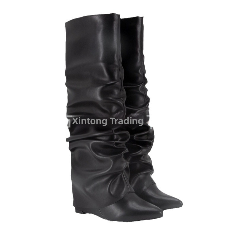 2024 Nové európske a americké zahraničné obchodné špicaté vráskavé čižmy na vysokom podpätku s klinovým podpätkom a dlhým valcom, dámske čižmy, módne čižmy po kolená, dámske topánky
