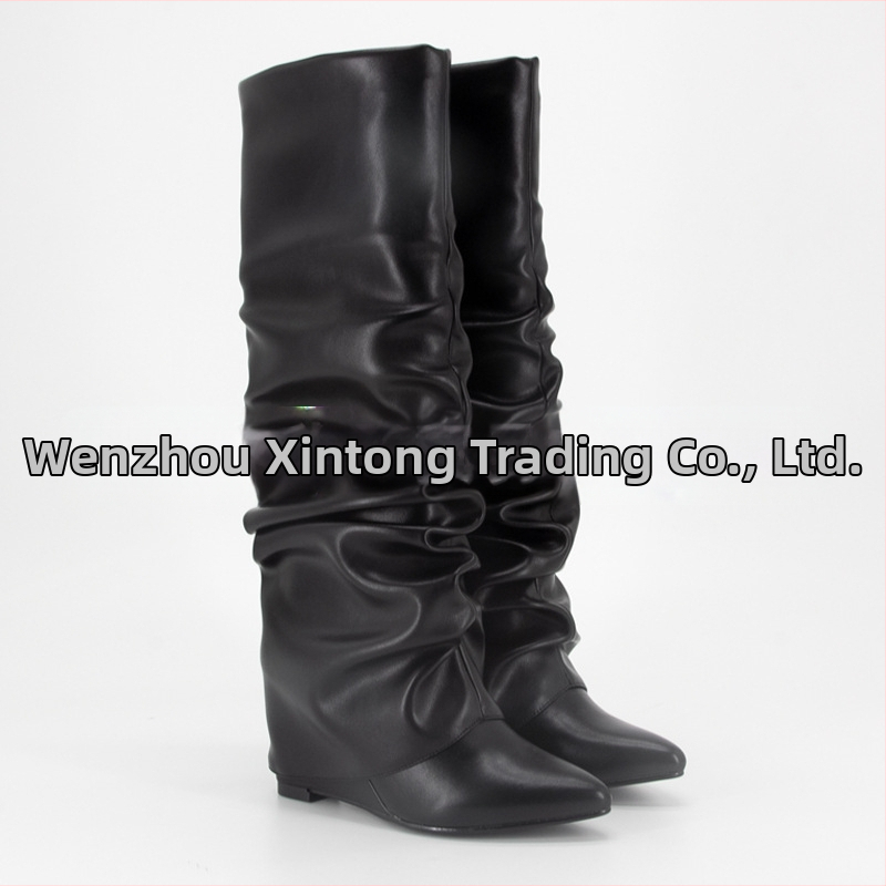 2024 Nové európske a americké zahraničné obchodné špicaté vráskavé čižmy na vysokom podpätku s klinovým podpätkom a dlhým valcom, dámske čižmy, módne čižmy po kolená, dámske topánky