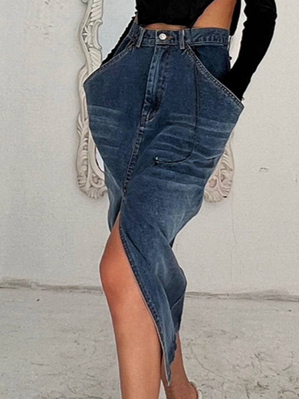 Prekogranična proljetna nova europska i američka traper suknja nepravilnog opranog stila s pretjeranim velikim džepom, veleprodaja suknje s podjelom