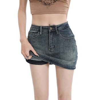 2411 Vintage Denim Sukňa Dámska Nová Jarná a Letná Vysoký Pás Spice Girl Tall Slim-fit Univerzálna Sukňa A-Line