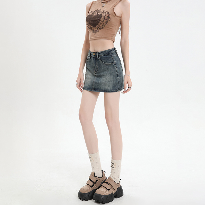 2411 Vintage Denim Sukňa Dámska Nová Jarná a Letná Vysoký Pás Spice Girl Tall Slim-fit Univerzálna Sukňa A-Line