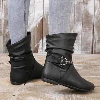 Dámske krátke čižmy, jeseň a zima 2024, nové ploché čižmy s okrúhlou špičkou, kórejské skladané krátke čižmy s kopou valcov