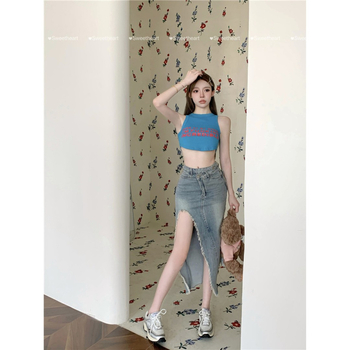 Γυναικεία φούστα τζιν με ακανόνιστο άνοιγμα, άνοιξη 2024, νέα φούστα με ψηλή μέση και γοφούς, ρετρό φούστα midi από γούνα