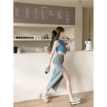 Γυναικεία φούστα τζιν με ακανόνιστο άνοιγμα, άνοιξη 2024, νέα φούστα με ψηλή μέση και γοφούς, ρετρό φούστα midi από γούνα