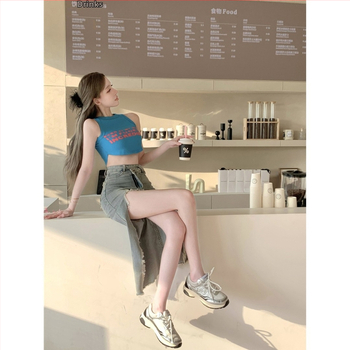 Γυναικεία φούστα τζιν με ακανόνιστο άνοιγμα, άνοιξη 2024, νέα φούστα με ψηλή μέση και γοφούς, ρετρό φούστα midi από γούνα