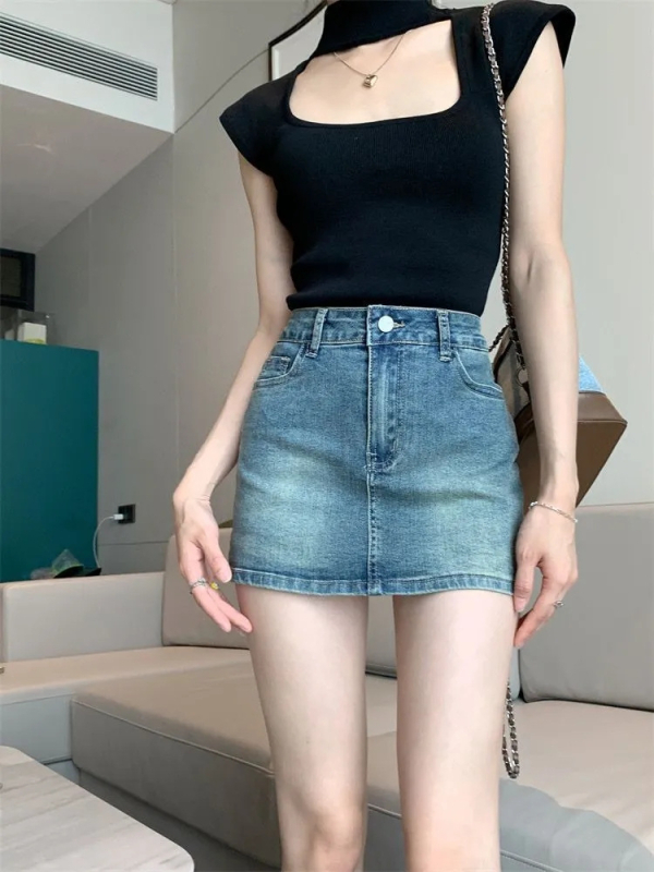 Džínsová sukňa s vysokým pásom 2024, letná dámska nová vintage sukňa Spice Girl s poťahom na boky a podšívkou z mäkkého materiálu, protišmyková krátka sukňa