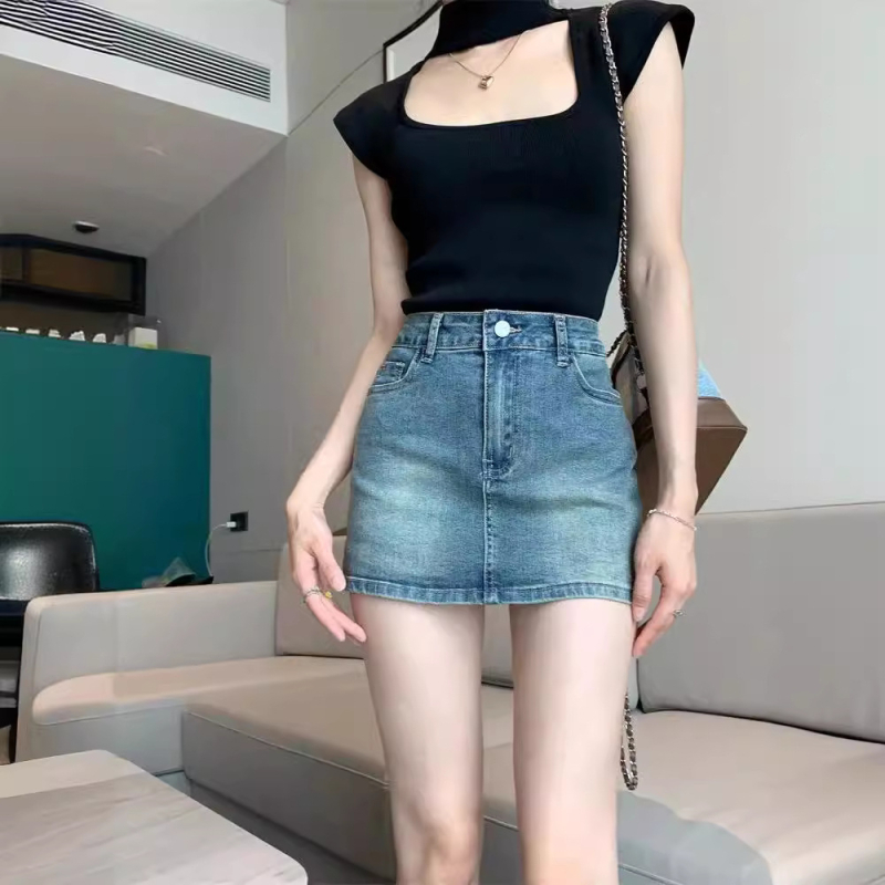 Džínsová sukňa s vysokým pásom 2024, letná dámska nová vintage sukňa Spice Girl s poťahom na boky a podšívkou z mäkkého materiálu, protišmyková krátka sukňa