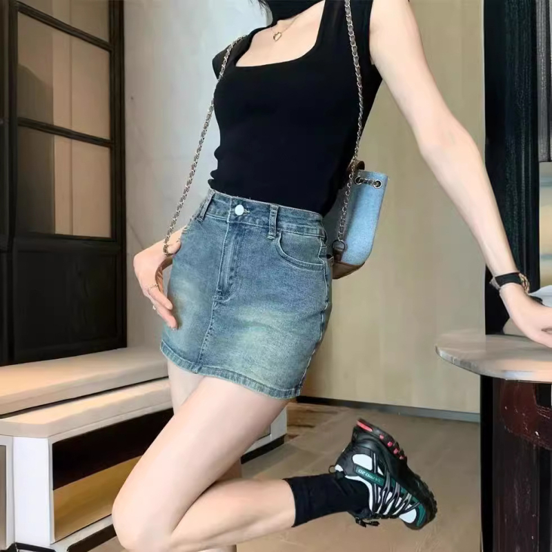 Džínsová sukňa s vysokým pásom 2024, letná dámska nová vintage sukňa Spice Girl s poťahom na boky a podšívkou z mäkkého materiálu, protišmyková krátka sukňa