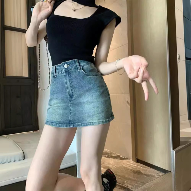 Džínsová sukňa s vysokým pásom 2024, letná dámska nová vintage sukňa Spice Girl s poťahom na boky a podšívkou z mäkkého materiálu, protišmyková krátka sukňa