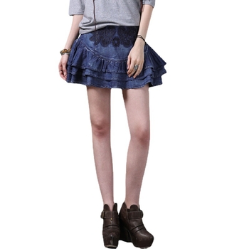 Νέα καλοκαιρινή φούστα τζιν με μικρό φουσκωτό σχέδιο και ρετρό κέντημα, πλυμένο με βολάν X2210