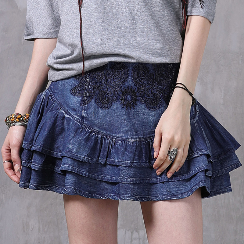 Nova ljetna stilska mala pufnasta traper suknja s retro vezom i nabranim pranjem X2210