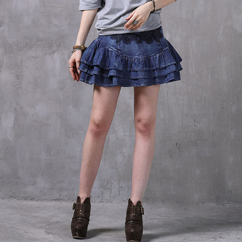 Nova ljetna stilska mala pufnasta traper suknja s retro vezom i nabranim pranjem X2210