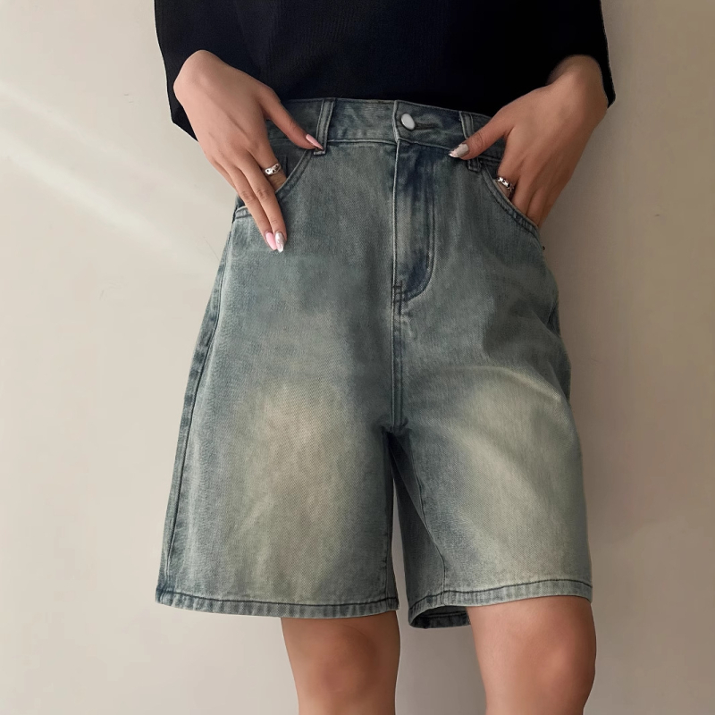 Pantaloni scurți din denim vintage vechi pentru femei, casual, lejeri, drepți, cu picior larg, cu cinci puncte, comerț exterior transfrontalier, Amazon, Europa și America