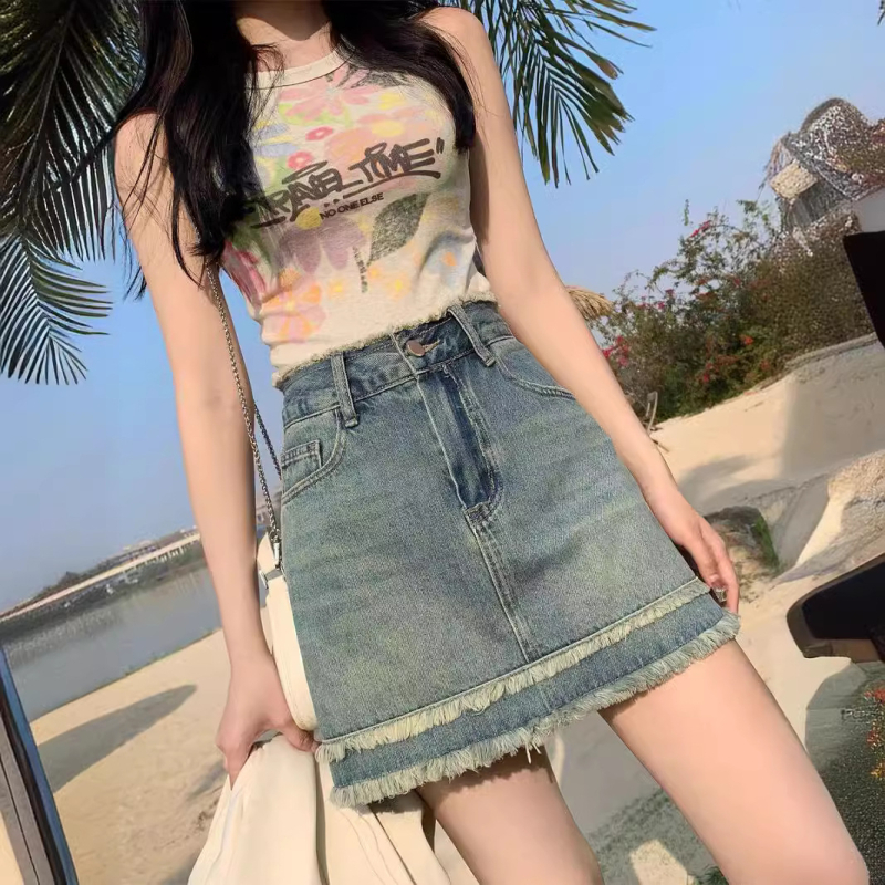 Traper suknja visokog struka za žene, ljetna odjeća 2024., novi dizajn kratke suknje, suknja A-kroja s bokovima i zaštitom od izlaganja svjetlosti