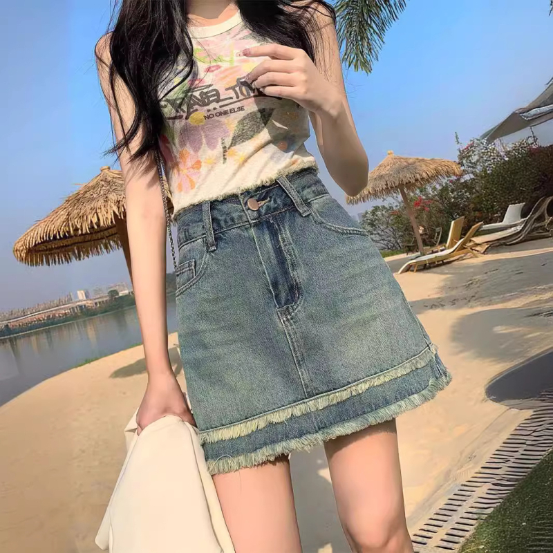 Traper suknja visokog struka za žene, ljetna odjeća 2024., novi dizajn kratke suknje, suknja A-kroja s bokovima i zaštitom od izlaganja svjetlosti