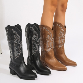 2024 Európske a americké čižmy dámske nové vysoké podpätky špicaté vysoké čižmy jednofarebné západné džínsové rytierske čižmy