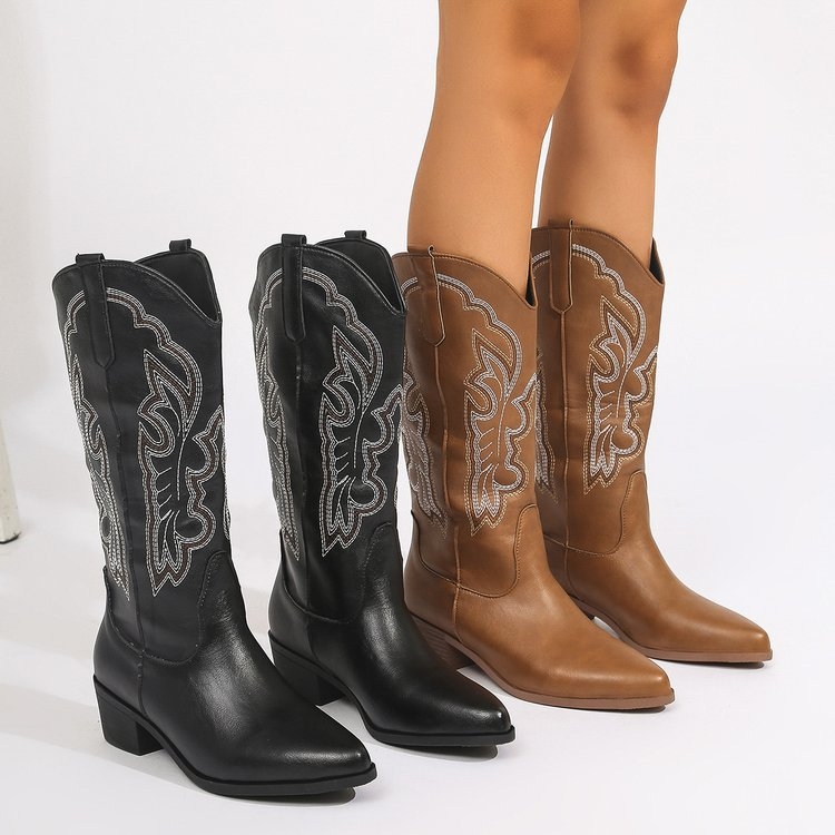 2024 Európske a americké čižmy dámske nové vysoké podpätky špicaté vysoké čižmy jednofarebné západné džínsové rytierske čižmy