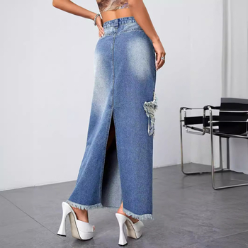 Vanjska trgovina, neobrađena suknja za žene, nova europska i američka traper suknja s visokim strukom i prorezom od zvijezda