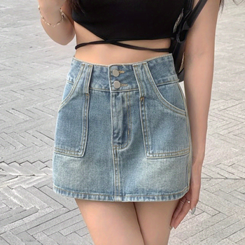 Διασυνοριακή εξαγωγή ασιατικού μεγέθους, σέξι, πλυμένη ρετρό τζιν φούστα σε γραμμή Α, ψηλόμεση, κοντή φούστα με αδυνάτισμα και γοφούς, μοντέρνα