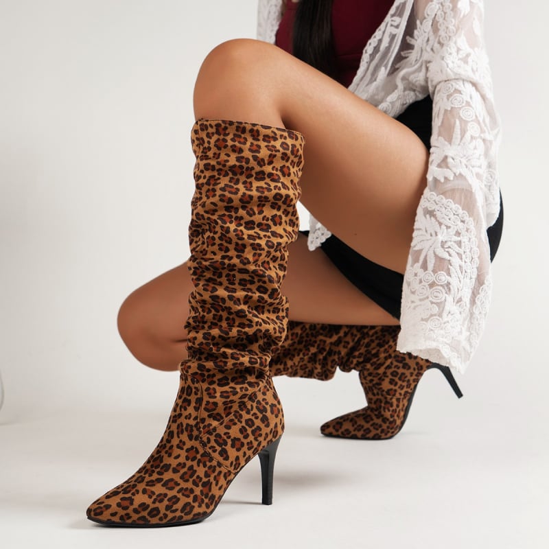 Ženske čizme velikih veličina za jesen i zimu iz prekogranične trgovine, retro čizme s visokom petom i štiklama, elegantne čizme s leopard printom i nazubljenim nogama