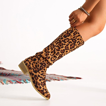 Zahraničný obchod plus size leopard print vysoké čižmy s potlačou kolien, módne čižmy 2024 jeseň a zima štvorcový podpätok okrúhla hlava cezhraničné dámske čižmy temu skladom