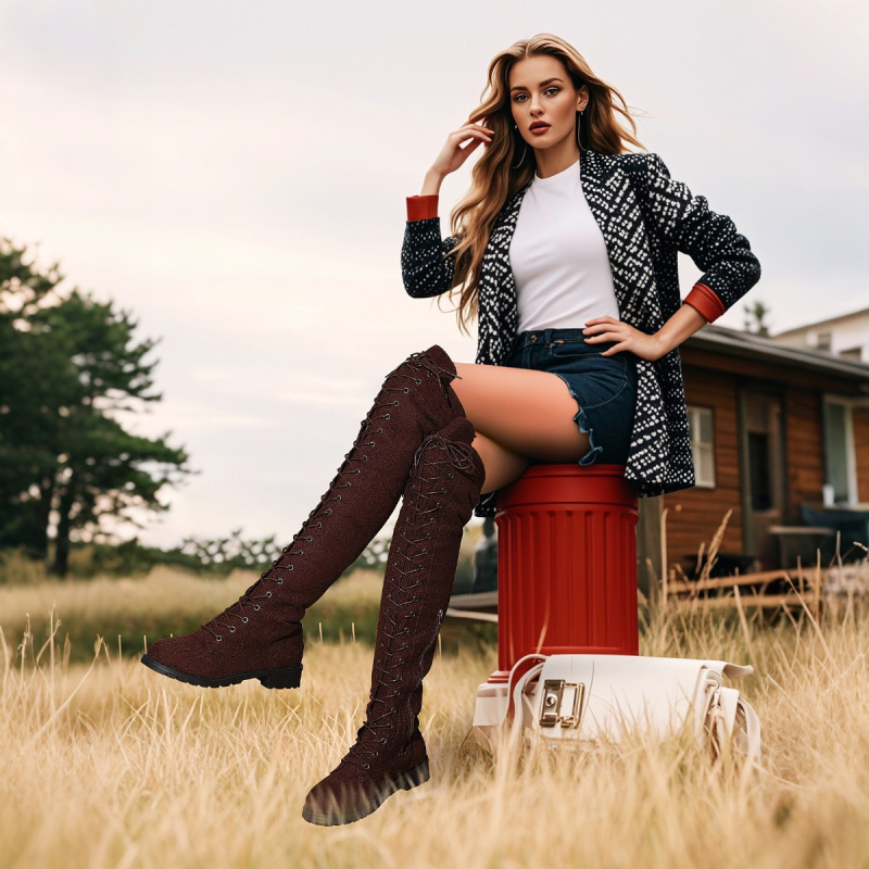 Želja Vruća rasprodaja Vanjska trgovina Plus size Čizme s vezicama Viteške ženske čizme s prednjim vezicama do koljena s niskom petom za mršavljenje Ženske čizme