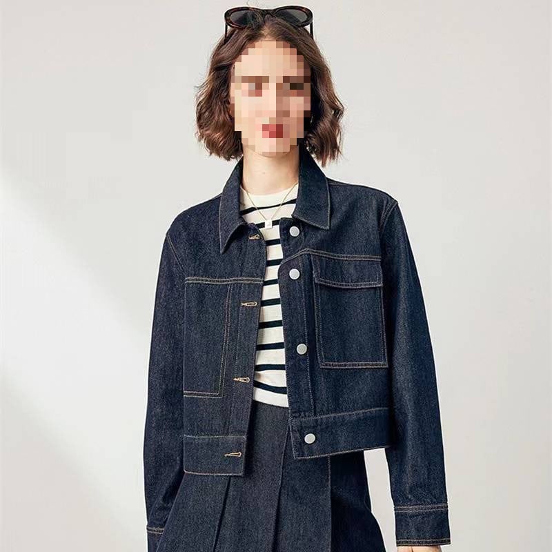 Design Sense синьо дънково палто за жени, късо, есенно, френско ретро, елегантно, ежедневно палто, 2025 г.