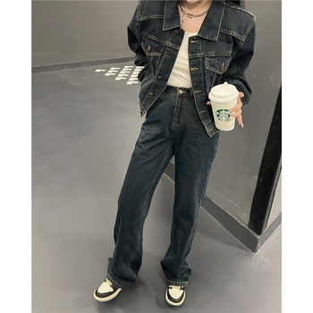 Σετ δύο τεμαχίων τζιν παλτό με ψηλή μέση και φαρδιά μπατζάκια, σετ δύο τεμαχίων, με φαρδιά μπατζάκια και φαρδιά μπατζάκια.