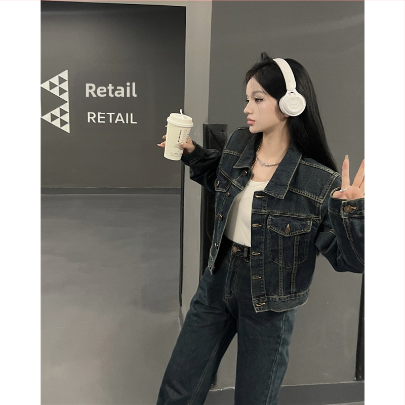 Skutočná módna dievčenská voľná krátka džínsová bunda s vysokým pásom a širokými nohavicami, dvojdielna súprava