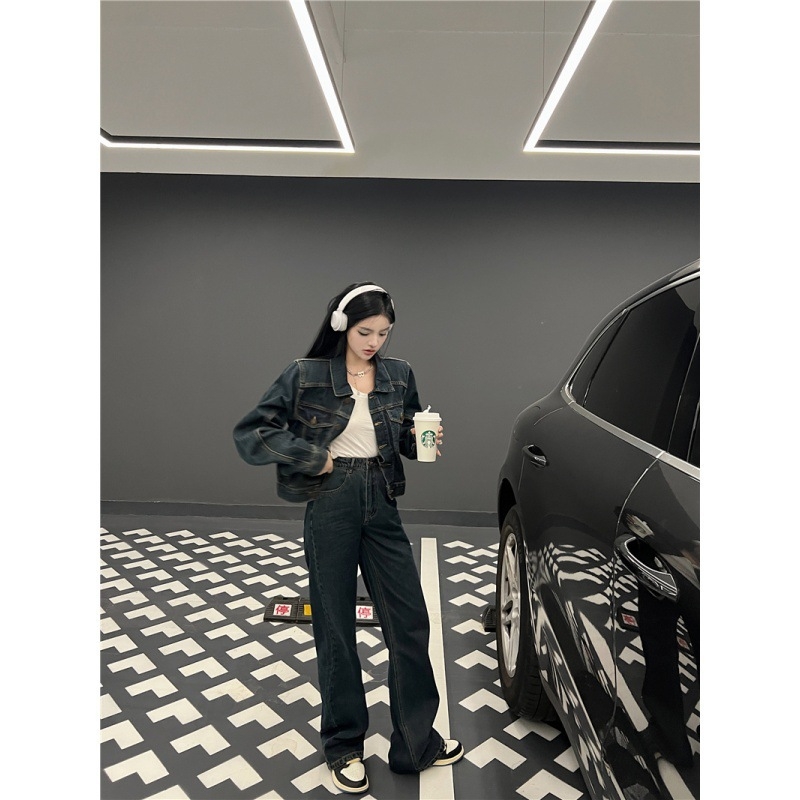 Pravi modni zgodni djevojački široki kratki traper kaput visokog struka širokih hlača dvodijelni set