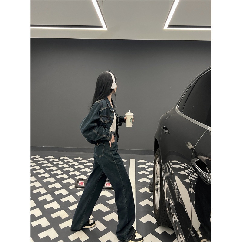 Pravi modni zgodni djevojački široki kratki traper kaput visokog struka širokih hlača dvodijelni set