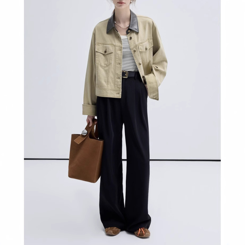 Κοντό τζάκετ Vega για γυναίκες Άνοιξη και Φθινόπωρο 2025 Νέο στυλ Petite Retro Patchwork Workwear Στυλ Denim Top