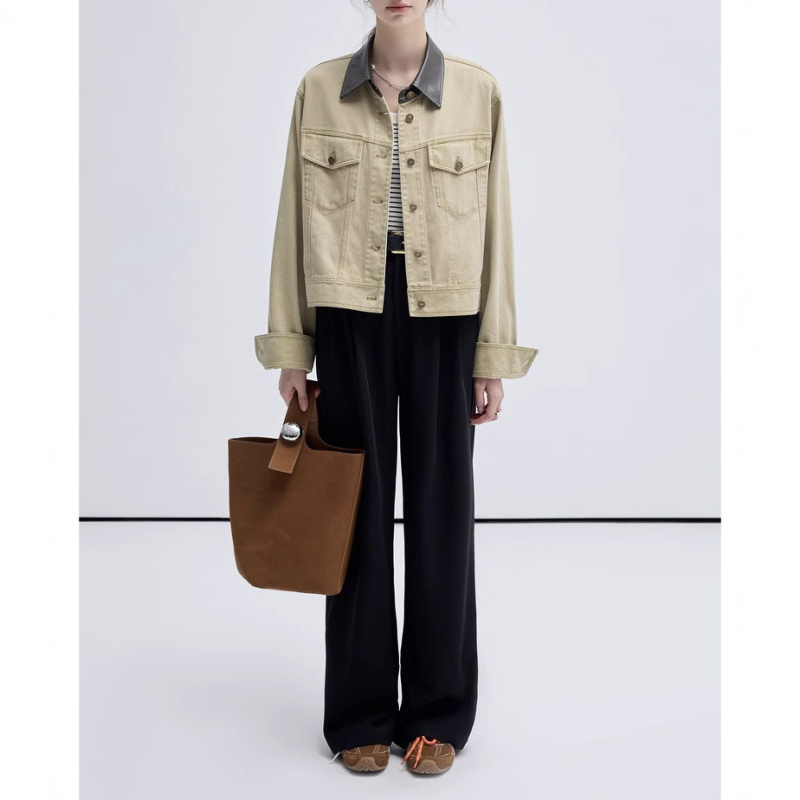 Κοντό τζάκετ Vega για γυναίκες Άνοιξη και Φθινόπωρο 2025 Νέο στυλ Petite Retro Patchwork Workwear Στυλ Denim Top