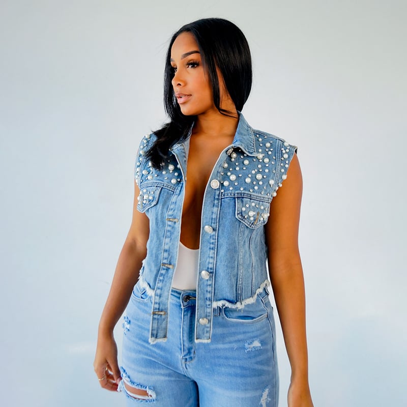 Jachetă din denim fără mâneci transfrontalieră pentru femei 2024 Vestă din denim albastru, ruptă și spălată, stil european și american nou