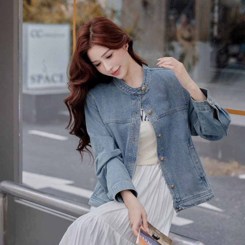 Imagine reală a unei jachete din denim albastru retro în stil Hong Kong, autoblocante, pentru femei, de toamnă, cu imprimeu lejer și slim, scurtă și elegantă