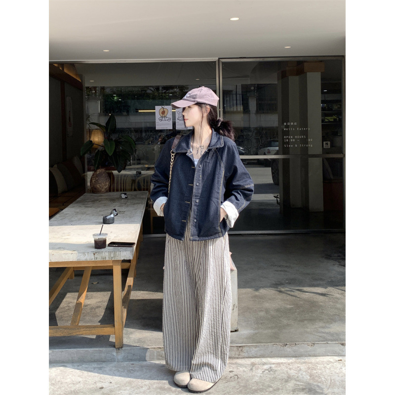 „Real Shot Niche Design Sense“ rankogalių siuvinėjimo dryžuotas džinsinis švarkelis, rudens mados, visų rungtynių viršus