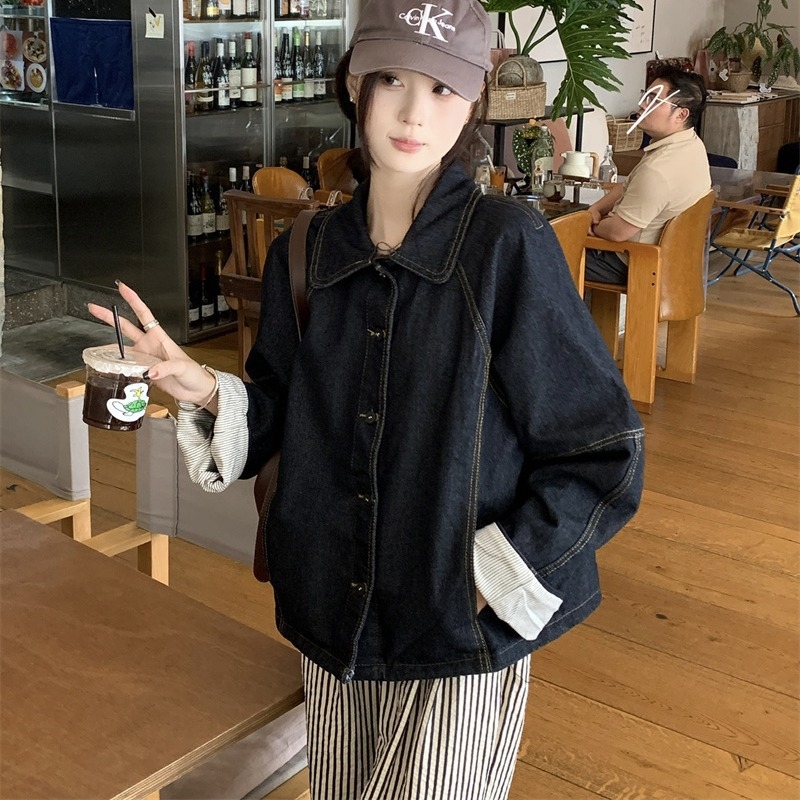 „Real Shot Niche Design Sense“ rankogalių siuvinėjimo dryžuotas džinsinis švarkelis, rudens mados, visų rungtynių viršus