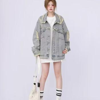 Γυναικείο τζιν μπουφάν με ρετρό γούνα και σκισίματα, για την άνοιξη και το φθινόπωρο, χαλαρό, casual, σε all-match στυλ, μοντέρνο τοπ