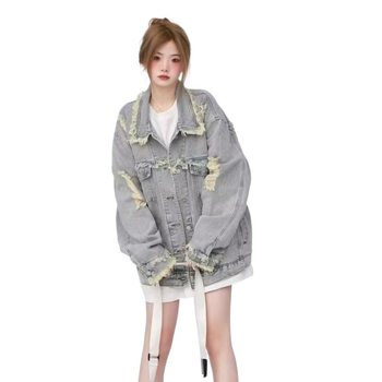 Γυναικείο τζιν μπουφάν με ρετρό γούνα και σκισίματα, για την άνοιξη και το φθινόπωρο, χαλαρό, casual, σε all-match στυλ, μοντέρνο τοπ