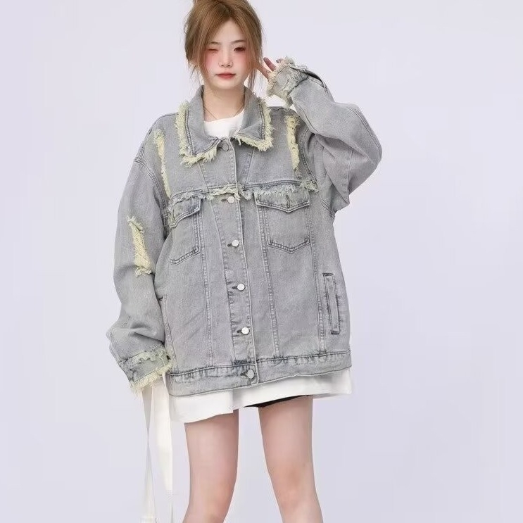 Γυναικείο τζιν μπουφάν με ρετρό γούνα και σκισίματα, για την άνοιξη και το φθινόπωρο, χαλαρό, casual, σε all-match στυλ, μοντέρνο τοπ