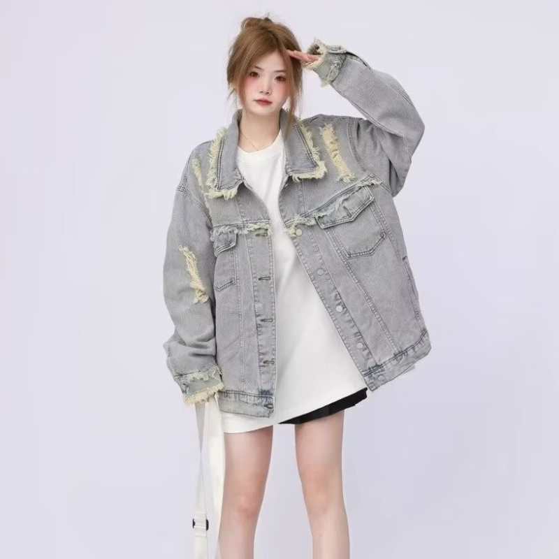 Γυναικείο τζιν μπουφάν με ρετρό γούνα και σκισίματα, για την άνοιξη και το φθινόπωρο, χαλαρό, casual, σε all-match στυλ, μοντέρνο τοπ