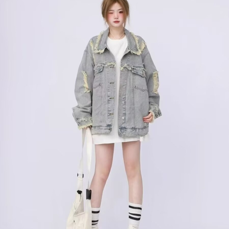 Γυναικείο τζιν μπουφάν με ρετρό γούνα και σκισίματα, για την άνοιξη και το φθινόπωρο, χαλαρό, casual, σε all-match στυλ, μοντέρνο τοπ